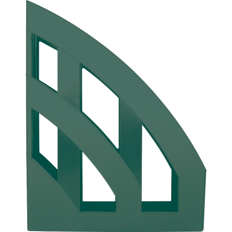 Green magazine rack with curved lines and geometric shapes.