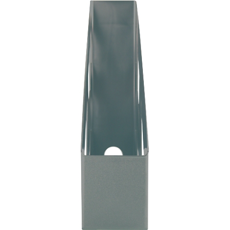 Gray plastic magazine rack, rectangular with oval opening.