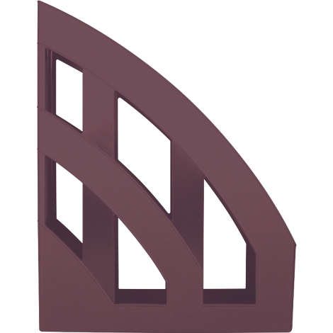 Wine-red magazine rack with open compartments.