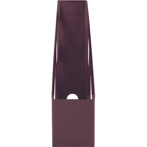 Dark red magazine rack with a round hole.