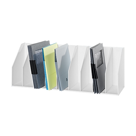 White document organizer with colorful folders. Black marked folders.