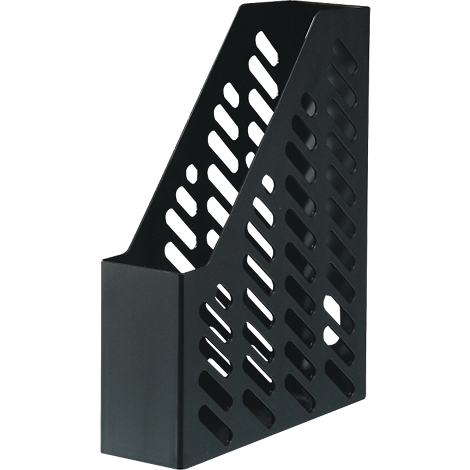 Black magazine rack with slanted, slotted cutouts. A sturdy, minimalist design for office use.