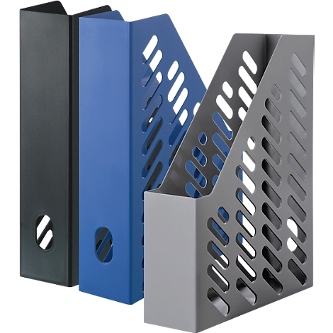Three colorful, upright magazine holders. Black, blue and gray with a hole pattern.