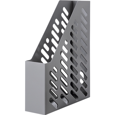 Gray magazine holder with slanted slots. The front has an open area, the sides slope upwards.