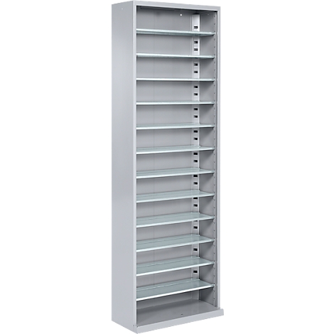 A tall, gray cabinet with multiple shelves. The shelves are arranged horizontally and separated by vertical supports.