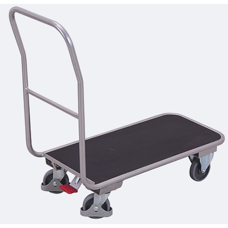 A gray platform cart with a black loading surface and handle, against a white background.
