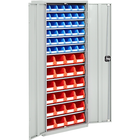 Grauer Werkzeugschrank mit offenen Türen, gefüllt mit roten und blauen Behältern.