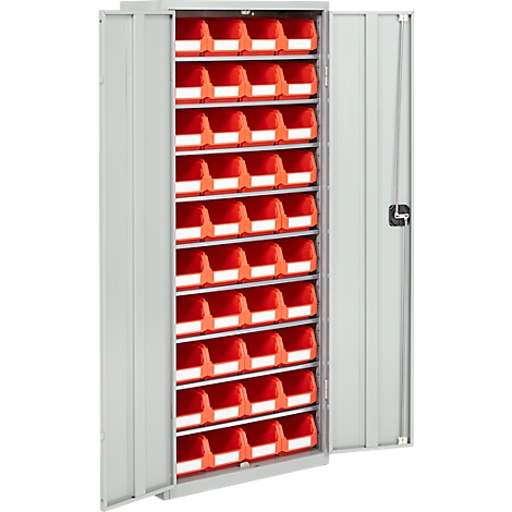 Grauer Metallschrank mit offenen Türen. Rote Schubladen in vielen Reihen.