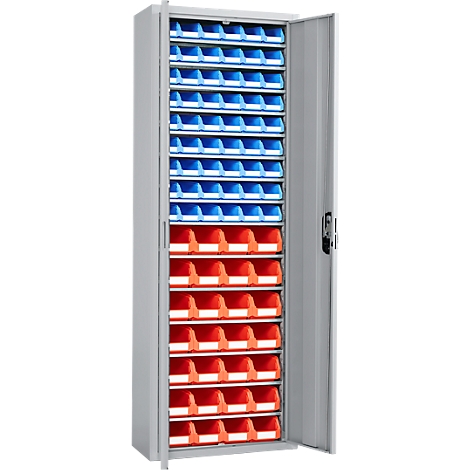 Offener Werkzeugschrank mit blauen und roten Kunststoffboxen. Die Boxen sind in vertikalen Reihen angeordnet.