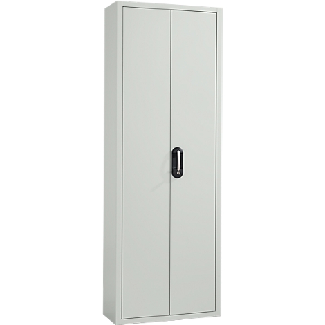 Ein grauer Stahlschrank mit zwei Türen und einem schwarzen Griff.