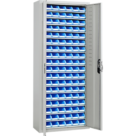 Grauer Werkzeugschrank mit blauen Behältern, offene Tür, viele Reihen, für Kleinteile oder Schrauben.