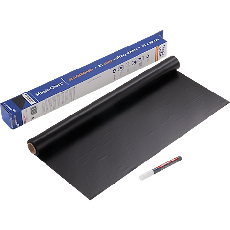 Schwarzes Whiteboard, aufgerollt, mit Stift und Verpackung. Aufschrift: Magic-Chart.