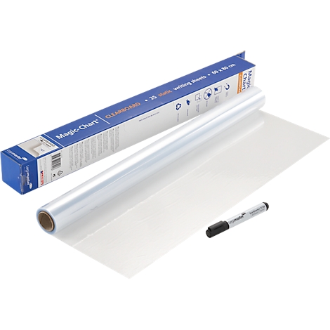 Ein Set aus transparenten Schreibfolien, Stift und Box von "Magic Chart". Die Folien liegen ausgerollt auf der Seite.