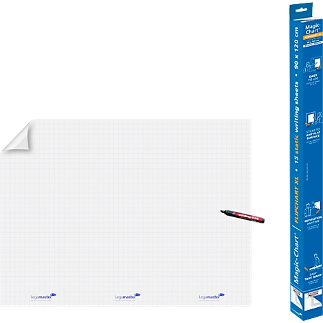 Ein weißes, kariertes Flipchart mit einem roten Stift und einer Produktverpackung.