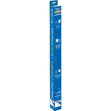 Blauer Flipchart-Block mit dem Schriftzug "Magic-Chart" und Produktinformationen. Aufschrift: 90 x 120 cm.