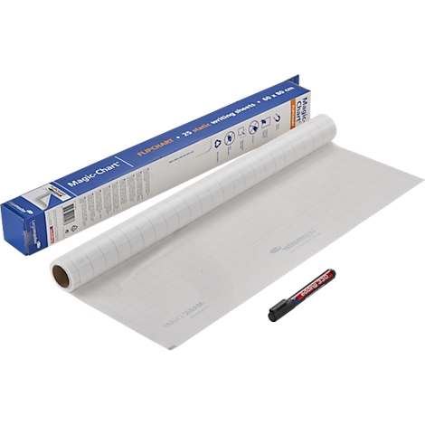 Ein Flipchart-Papierrolle mit Karton, daneben ein schwarzer Stift mit roter Schrift.