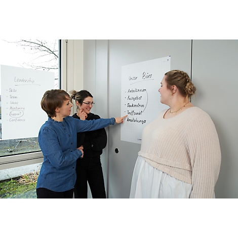 Drei Frauen betrachten eine Präsentation. Eine Frau zeigt auf einen Zettel mit handschriftlichen Notizen.