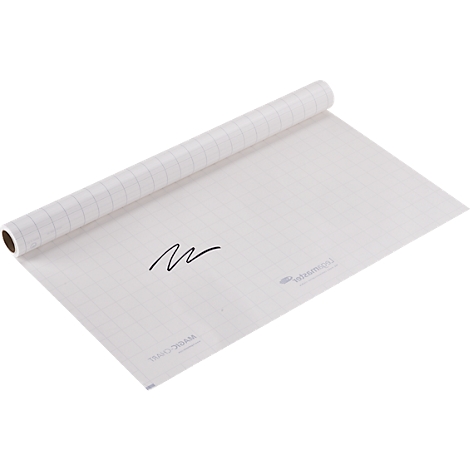 Gerollte, transparente Folie mit Rastermuster. Ein geschwungenes, schwarzes Zeichen und Schriftzug auf der Folie.