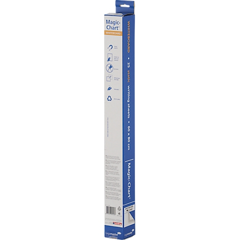 Produktverpackung Magic Chart Whiteboard. Blau, weiß und orangefarbene Schrift, mit Produktinformationen.