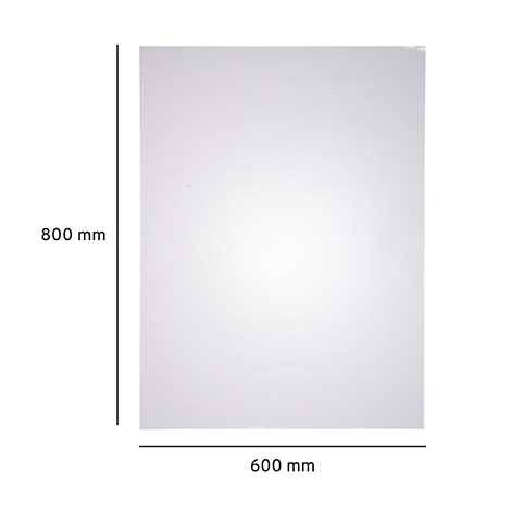 Placa blanca rectangular con dimensiones de 800 mm x 600 mm. Las dimensiones están etiquetadas.