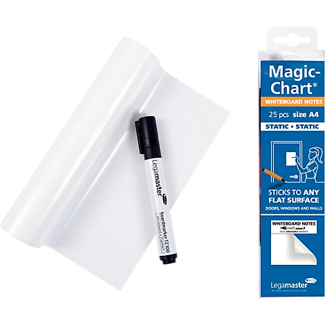 Rollo de lámina para pizarra y bolígrafo negro Legamaster. Junto a él, embalaje de las notas para pizarra.