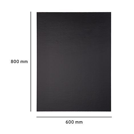 Una pizarra negra que mide 600 x 800 mm, etiquetada con medidas.
