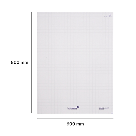 Hoja de rotafolio blanca con cuadrícula, 800 x 600 mm, con logotipo y texto "MAGIC CHART".