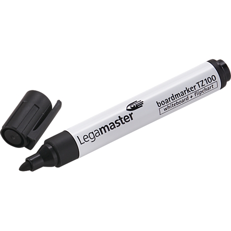 Een witte Legamaster whiteboardmarker met de dop ernaast. Inscriptie: Boardmarker TZ100 Whiteboard + Flipchart.