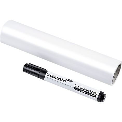 Een rol wit papier ligt naast een zwarte whiteboardmarker met de tekst "Legamaster".