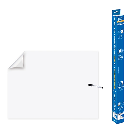 Weißes Whiteboard mit Stift und Verpackung. Eckdetails zeigen, wie sich die Folie ablöst. Auf der Verpackung steht Magic Chart.