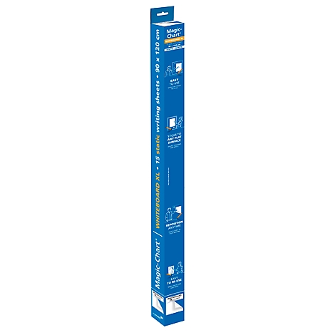 Blaue Whiteboard-Rolle mit Schriftzug "Magic-Chart WHITEBOARD XL". Abmessungen: 90 x 120 cm. Enthält 15 statische Schreibbögen.
