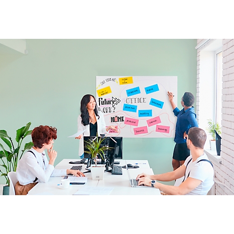 Ein Team arbeitet an einer Präsentation. Eine Frau steht vor einer Wand mit Notizen und erklärt etwas. Am Tisch arbeiten drei weitere Personen.