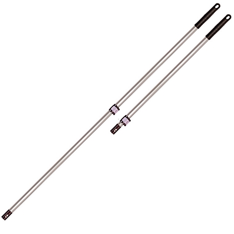 Two silver telescopic poles, suitable for various cleaning tasks. Black handles and purple connectors.