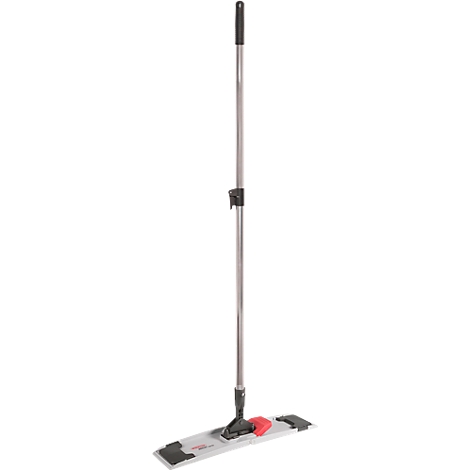 A gray mop with a red element and black handle against a white background.