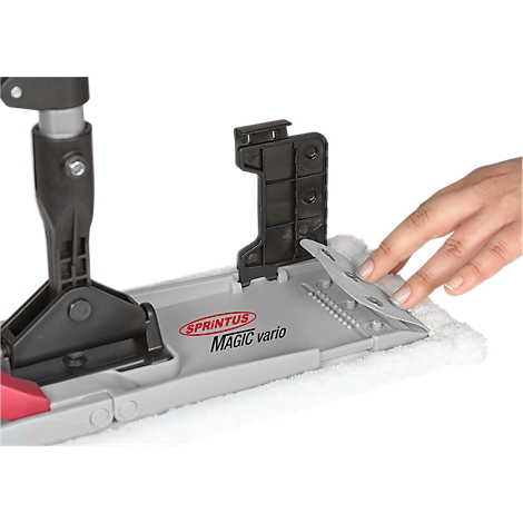 Gray mop from Sprintus Magic Vario. A hand is fixing the cleaning cloth.