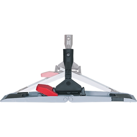 A gray mop head with a red release, dark gray center piece, and white support structure.