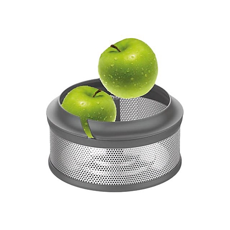 Zwei grüne Äpfel in einer zylindrischen Vorrichtung mit feiner Metallgitter-Struktur vor weißem Hintergrund.