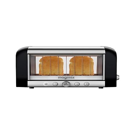 Schwarzer Magimix Toaster mit Sichtfenster und zwei goldbraun gerösteten Brotscheiben.