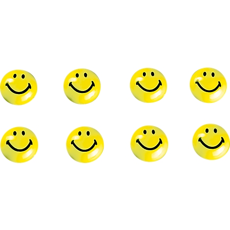 Acht gele smiley gezichten gerangschikt in twee rijen, allemaal vrolijk glimlachend.