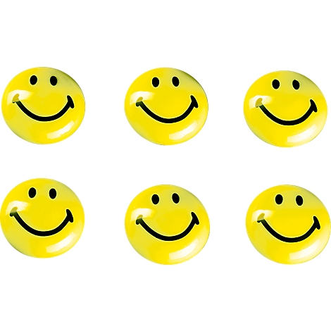Zes gele smiley gezichten op een witte achtergrond, gerangschikt in twee rijen. De gezichten hebben zwarte ogen en glimlachen.