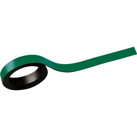 Groene magneettape in een opgerolde vorm, die zich van de rol afwikkelt.