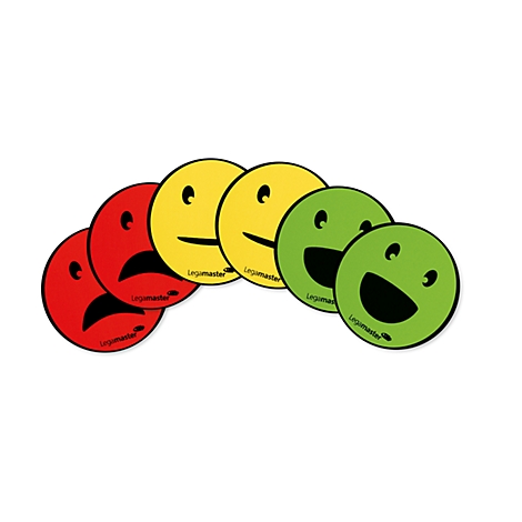 Five smiley faces in red, yellow and green. They show different emotions, from sad to happy.
