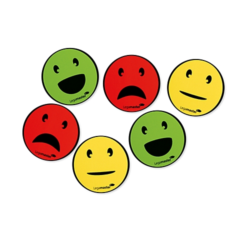 Seven round smiley emoticons in green, red, and yellow, showing different emotions.