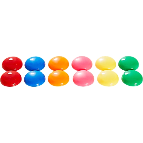 Tien gekleurde paaseieren in rood, blauw, oranje, roze, geel en groen. Ze zijn in twee rijen gerangschikt.
