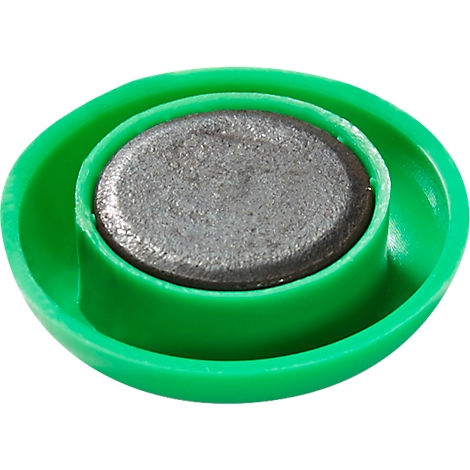 Een groene plastic ring met een ingebouwd, rond, metalen element.