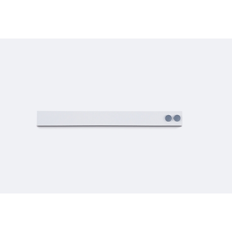 A white, elongated rectangle with two small gray circles at the end, against a white background.