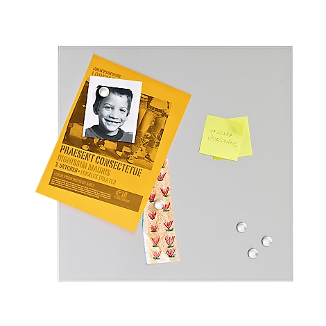 A gray magnetic board with yellow flyer, photo, notes and magnets. The flyer says "PRAESENT CONSECTETUE".