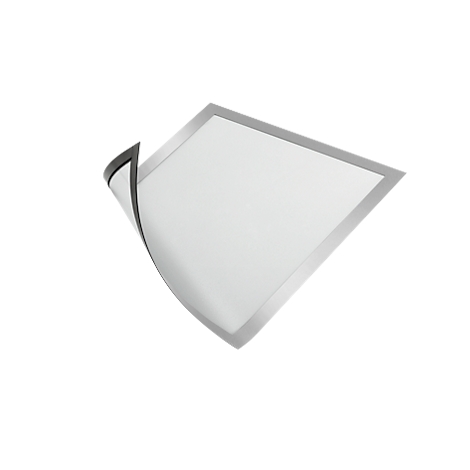 Square white panel with silver frame, corner slightly lifted to show details.