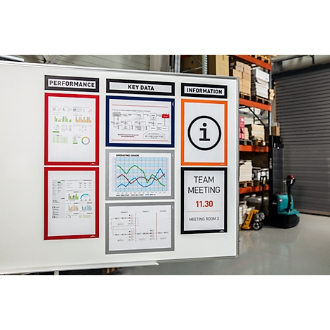 Whiteboard with charts, information board, and meeting notice in a warehouse. A forklift truck stands next to it.
