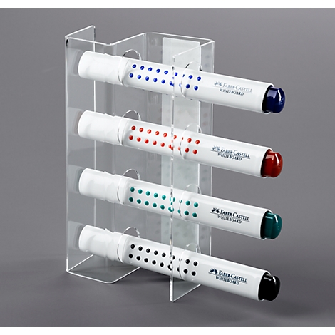 Four Faber-Castell whiteboard markers in a transparent holder. Pens in blue, red, green and black.